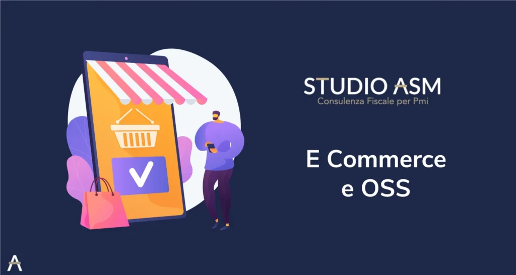 Illustrazione di uomo con smartphone accanto a un grande schermo a forma di negozio online.